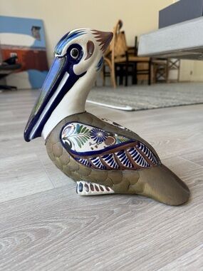 vintage tonala pelican ceramic and brass hand painted mexican pottery folk art